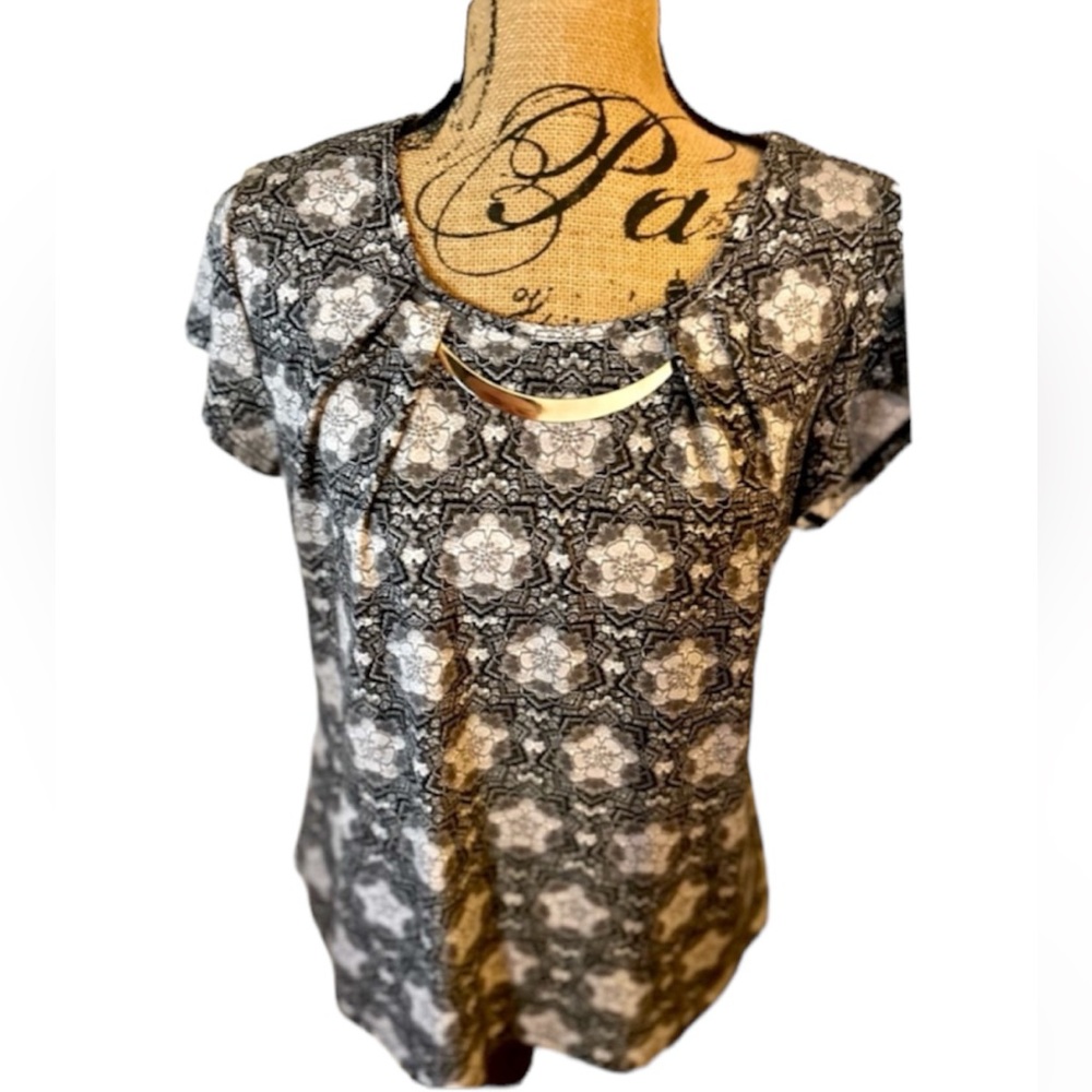 Mandy Evans Black & White Geometric Silver Necklace Tunic Blouse Dressy top S L